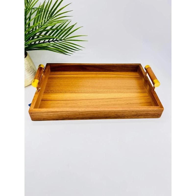 Plateau service acacia poignées métal doré | TBK 39cm