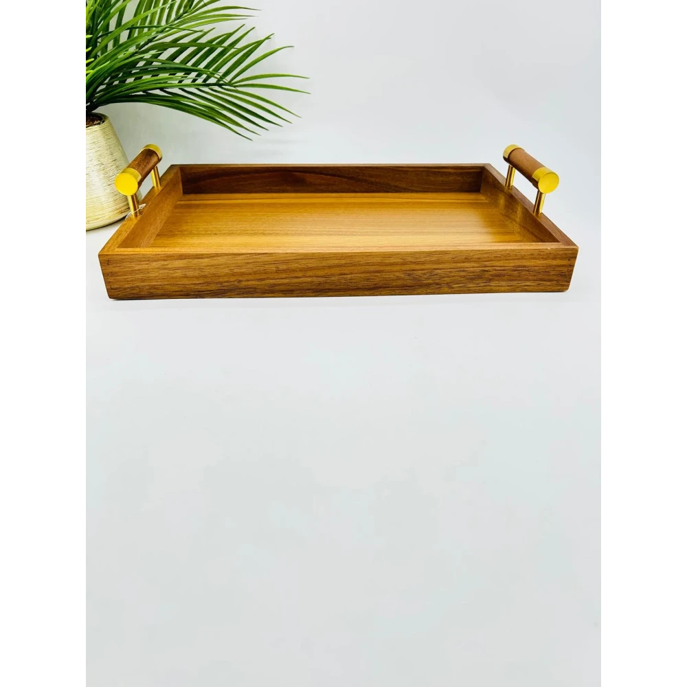 Plateau service acacia poignées métal doré | TBK 39cm