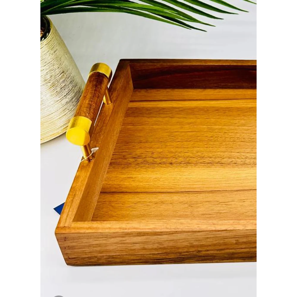Plateau service acacia poignées métal doré | TBK 39cm
