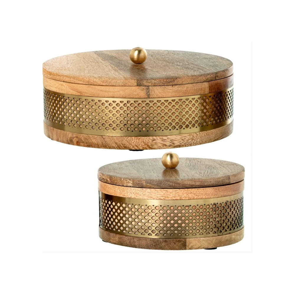 Boîte décorative ronde manguier métal doré petite | TBK