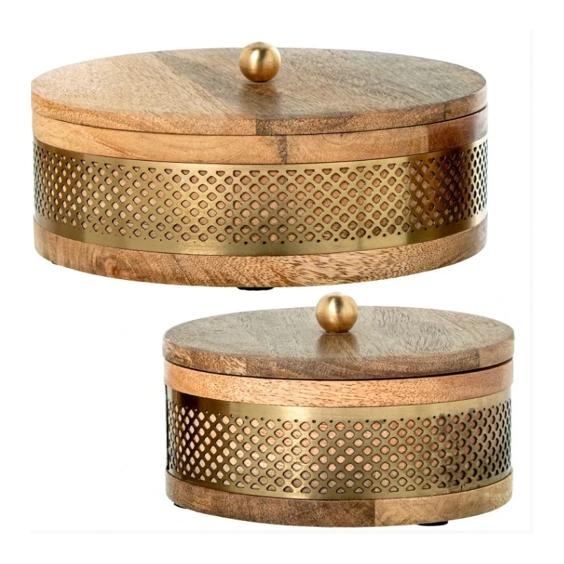 Boîte décorative ronde manguier métal doré petite | TBK