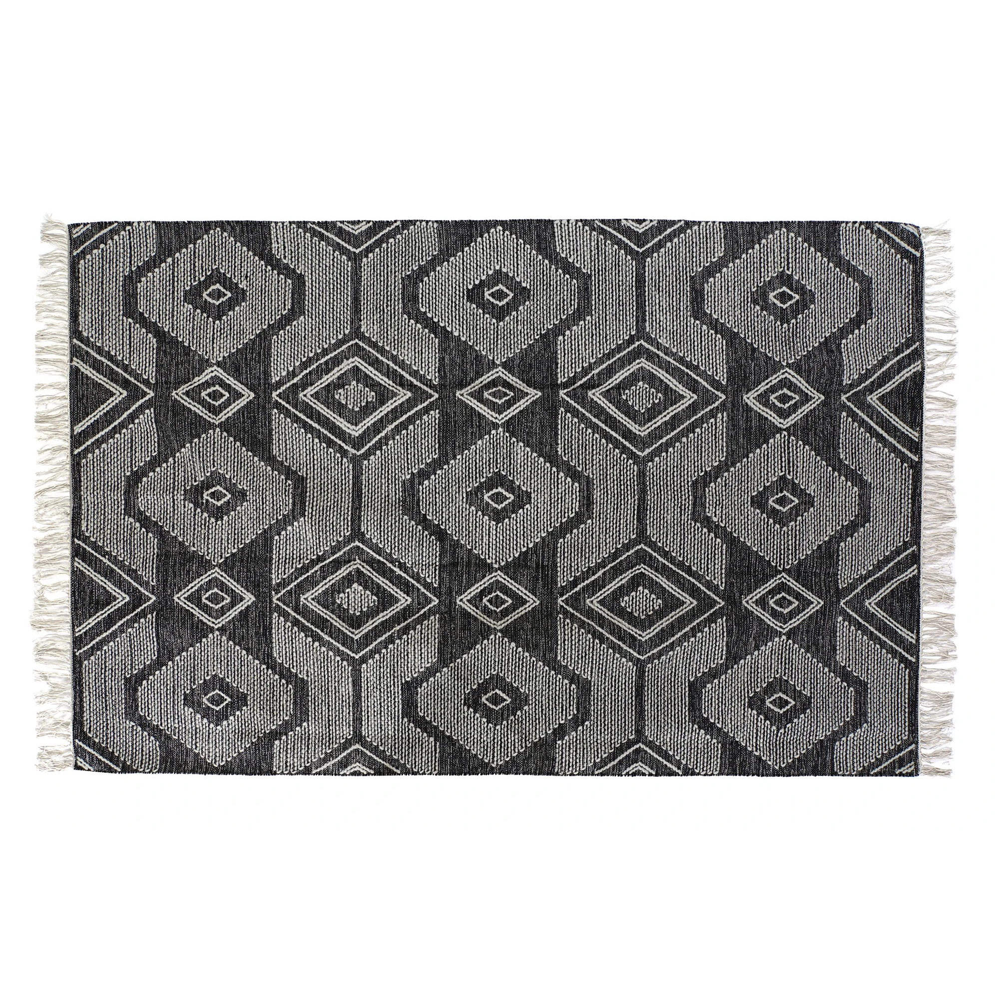 Tapis coton noir motifs géométriques franges 160x230 | Tendance by Kar