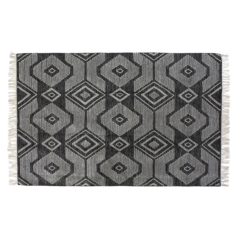 Tapis coton noir motifs géométriques franges 160x230 | Tendance by Kar