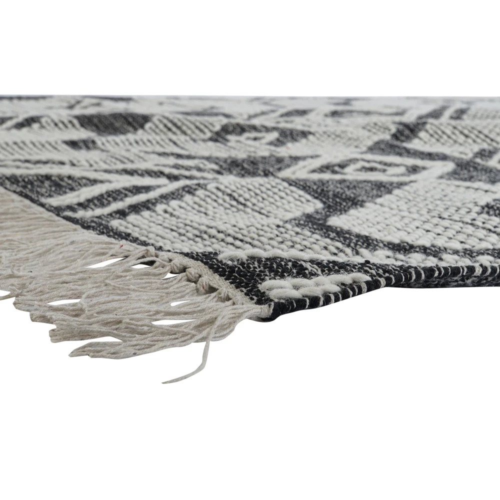 Tapis coton noir motifs géométriques franges 160x230 | Tendance by Kar