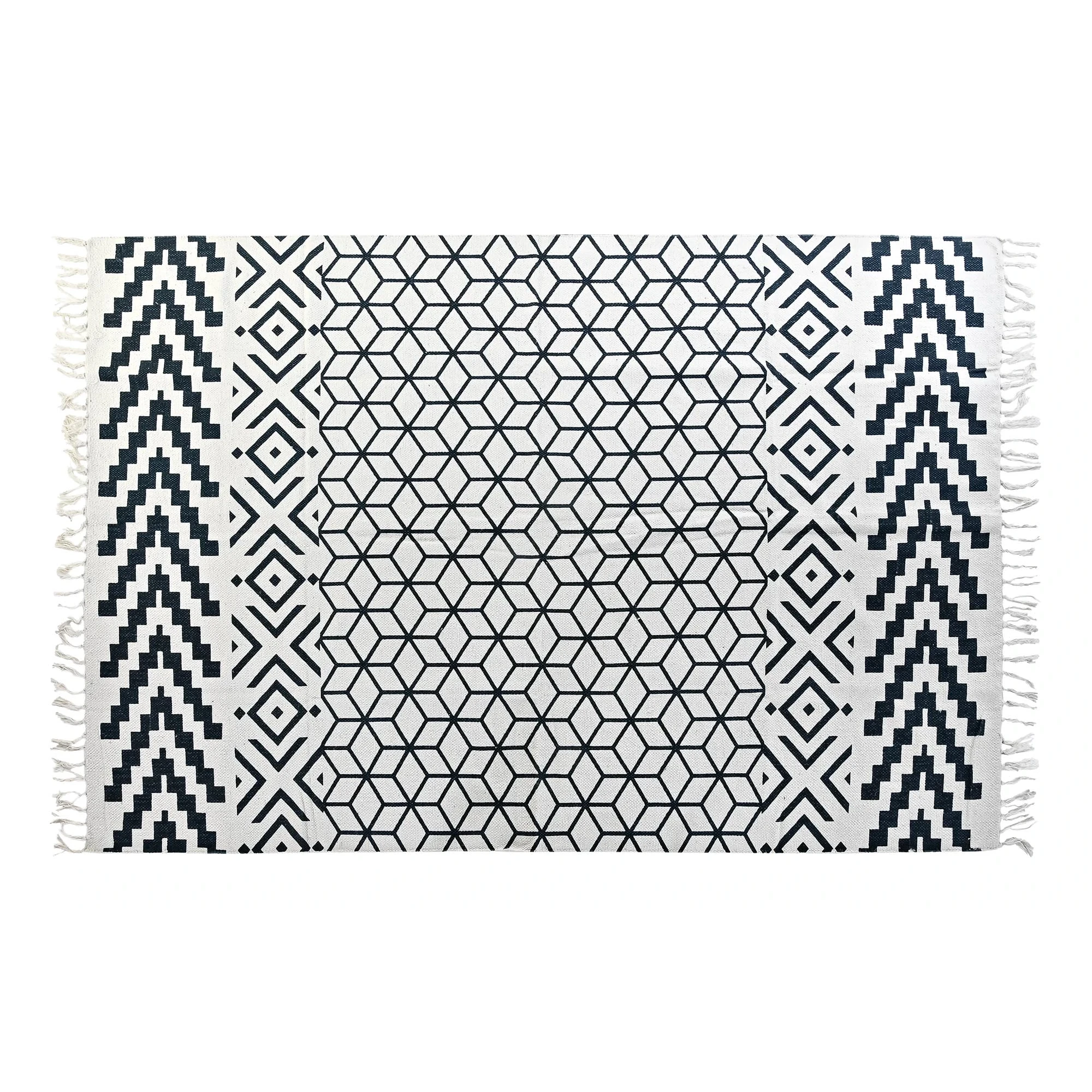 Tapis coton blanc motifs cubiques ethniques imprimés noir 160x230 | Te