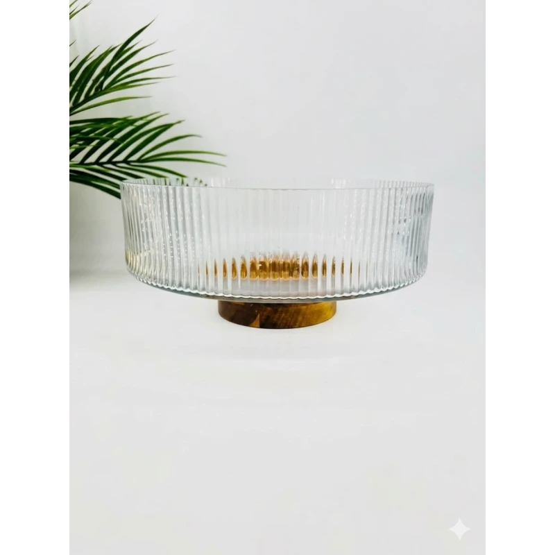Saladier 2-en-1 en Verre Cannelé & Bois (26 cm)