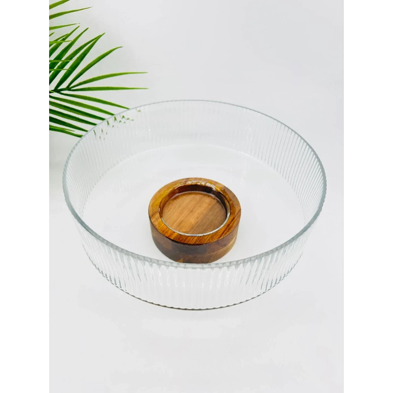 Saladier 2-en-1 en Verre Cannelé & Bois (26 cm)