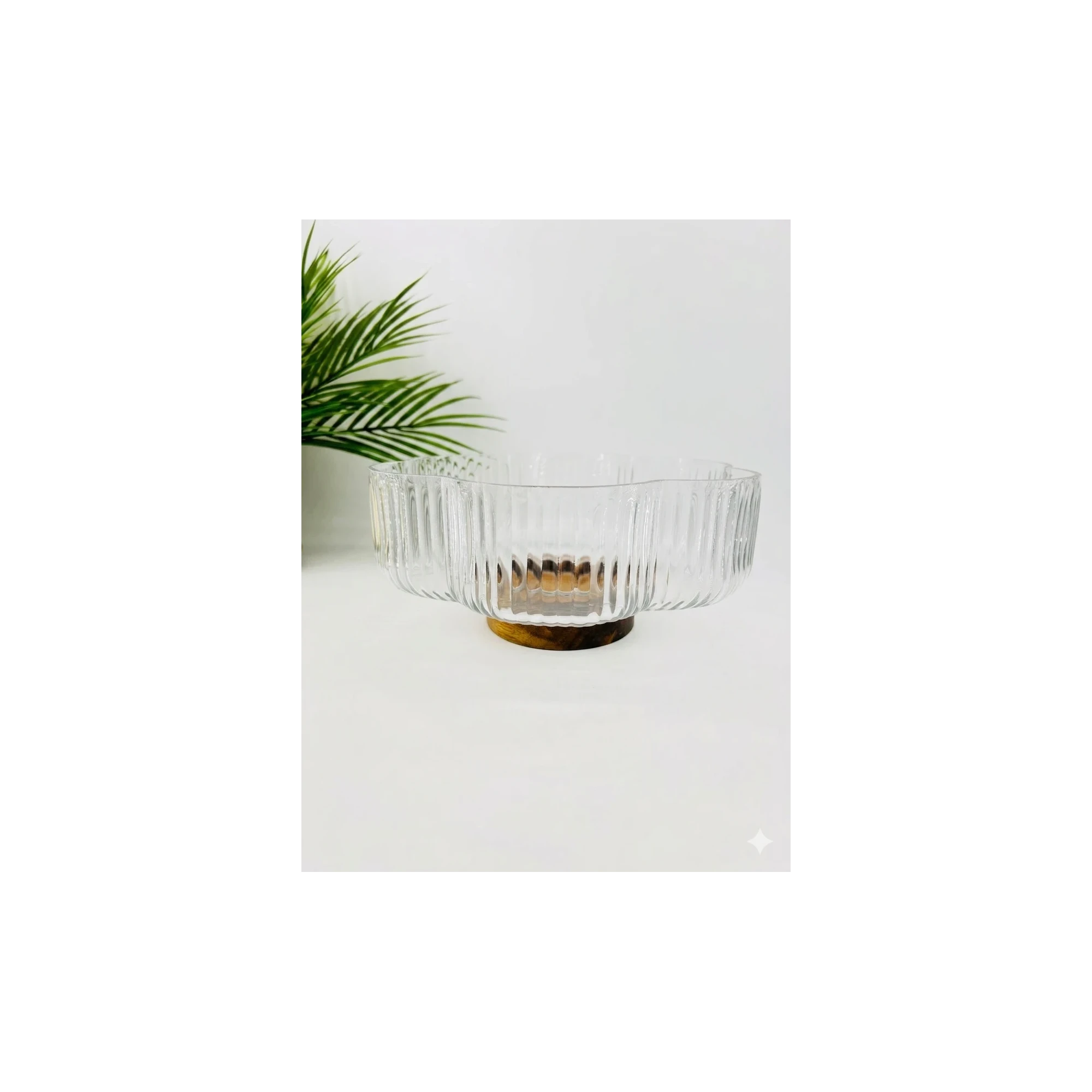 Saladier Fleur 2-en-1 en Verre Cannelé & Acacia (26 cm)