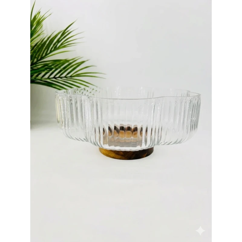 Saladier Fleur 2-en-1 en Verre Cannelé & Acacia (26 cm)