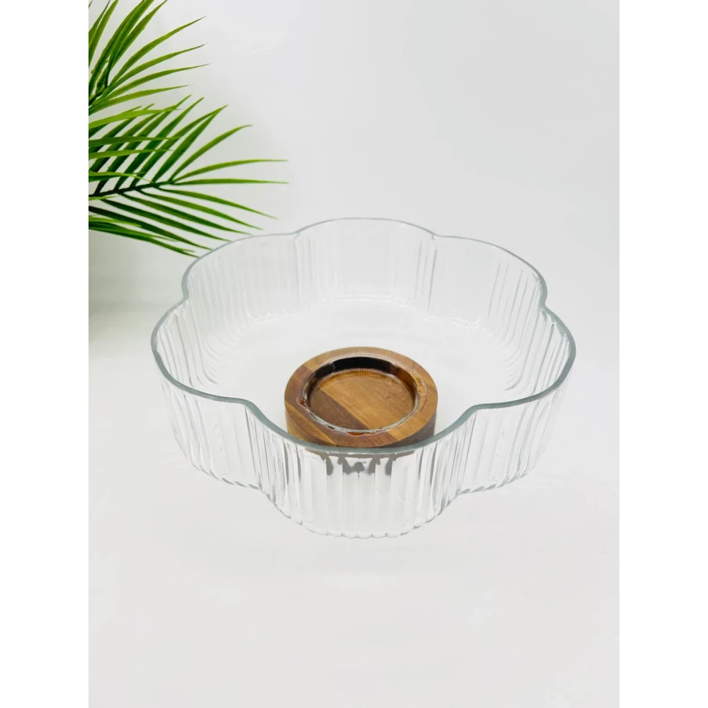 Saladier Fleur 2-en-1 en Verre Cannelé & Acacia (26 cm)