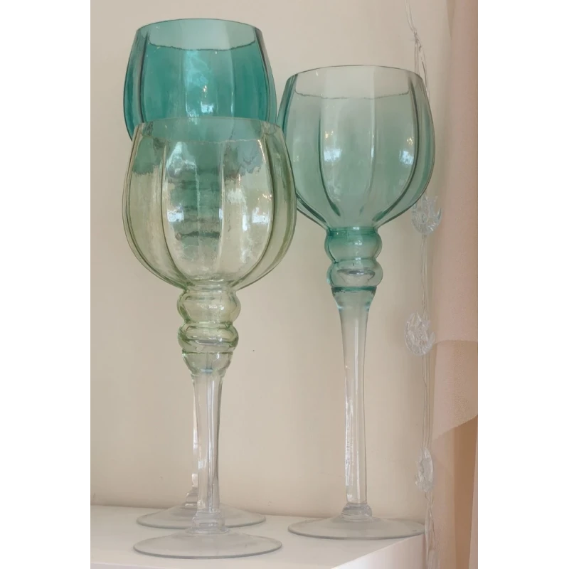 Set de 3 Bougeoirs en Verre Vert & Turquoise