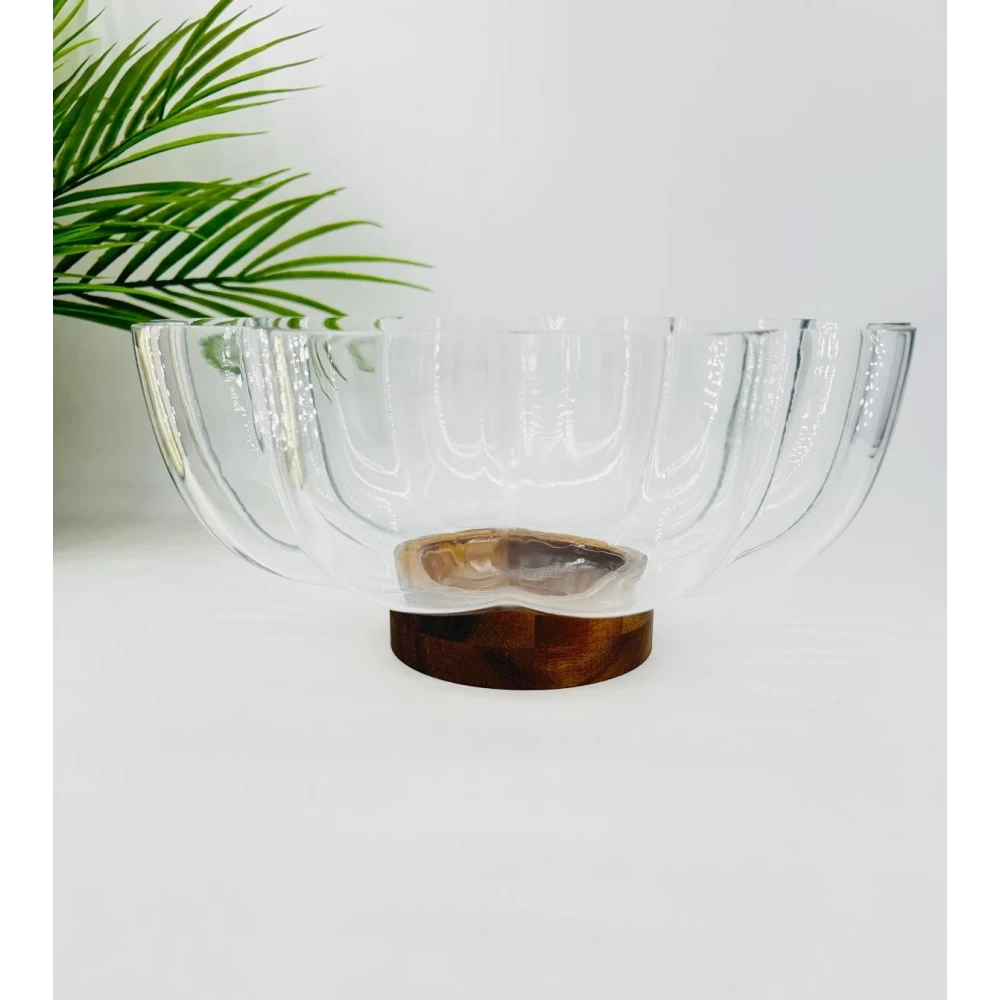 Bol décoratif en verre festonné socle en bois — 25x12 cm