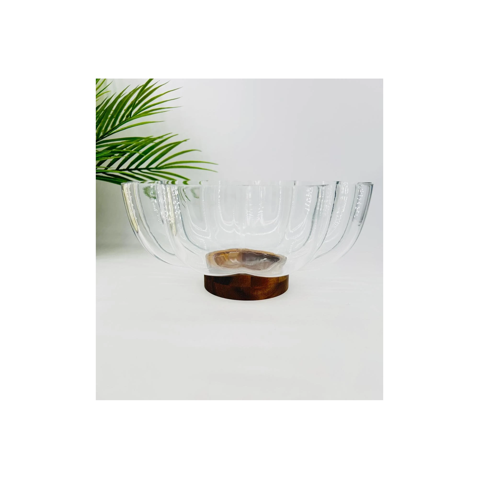 Bol décoratif en verre festonné socle en bois — 25x12 cm