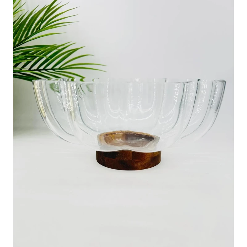 Bol décoratif en verre festonné socle en bois — 25x12 cm
