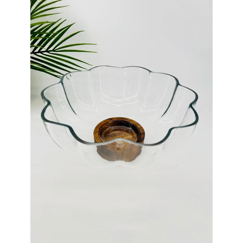 Bol décoratif en verre festonné socle en bois — 25x12 cm