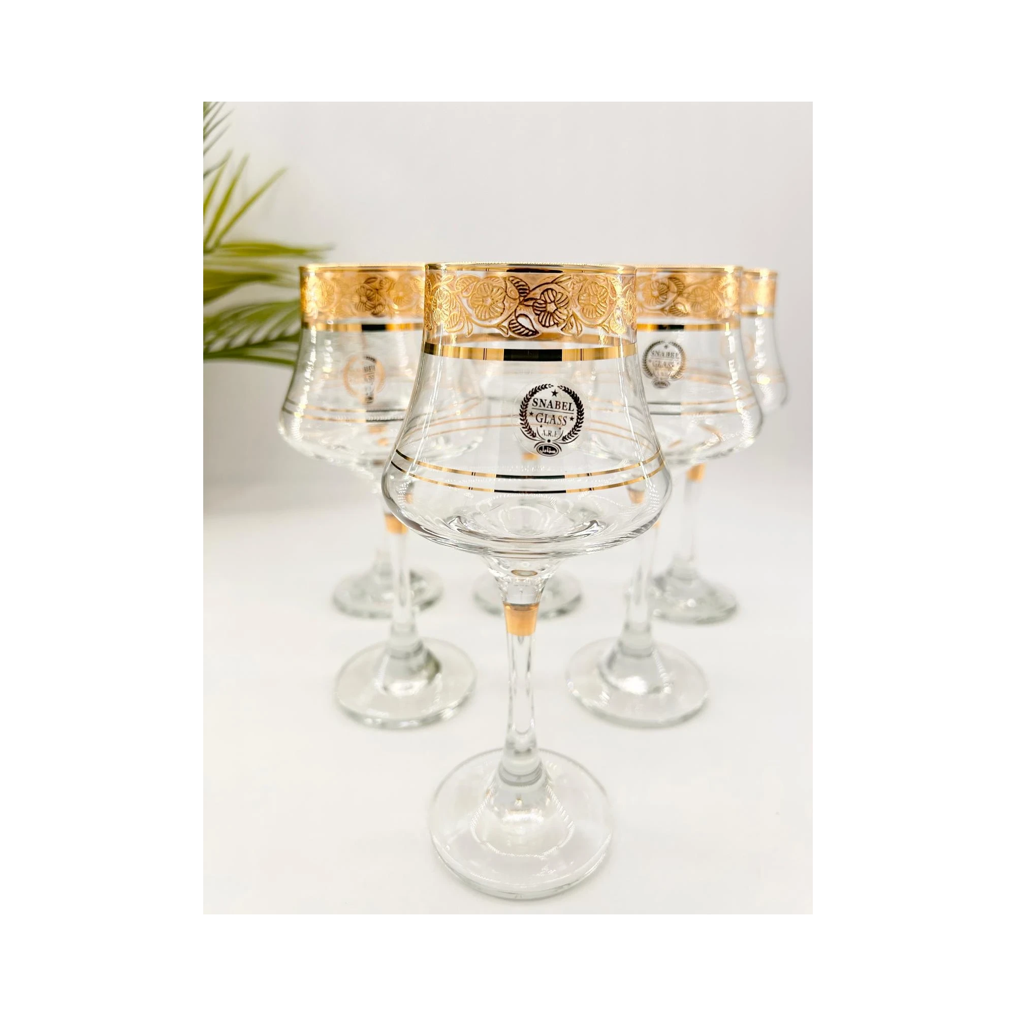6 Verres à Pied Fleuris avec Liseré Doré