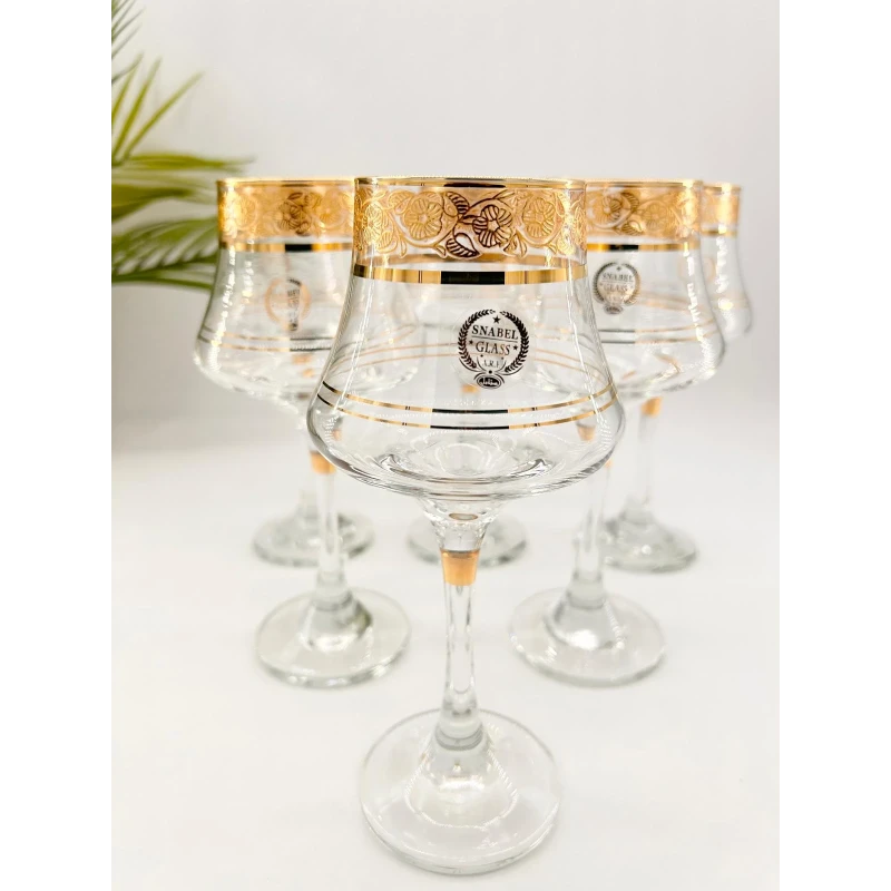 6 Verres à Pied Fleuris avec Liseré Doré