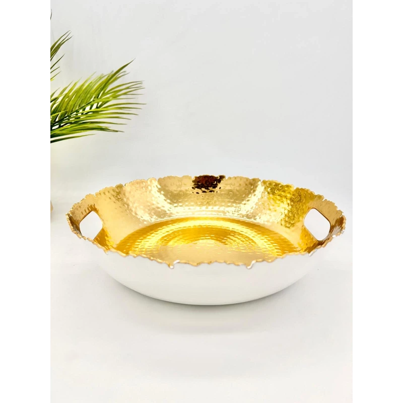 Plat de Présentation Rond Blanc et Doré